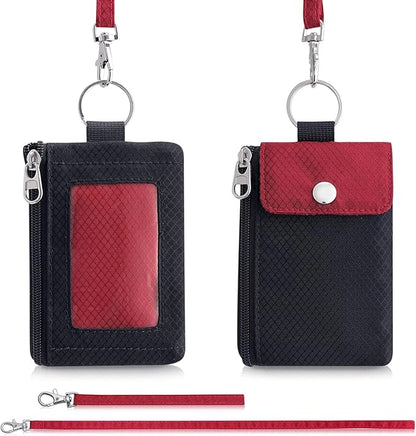 Minimalist Wallet For Mens Womens, Keychain RFID Blocking Zipper Small Wallet with ID Window 2 Lanyards,Water Resistant Travel Cash Card Coin Case Boys Girls