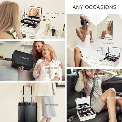 Leather Makeup Case with LED Lighted Mirror 11.4 Inch Travel Makeup Bag Adjustable Brightness in 3 Colors Cosmetic Organizer Artist Storage Bag with Dividers Brush Holder Bag Vanity White