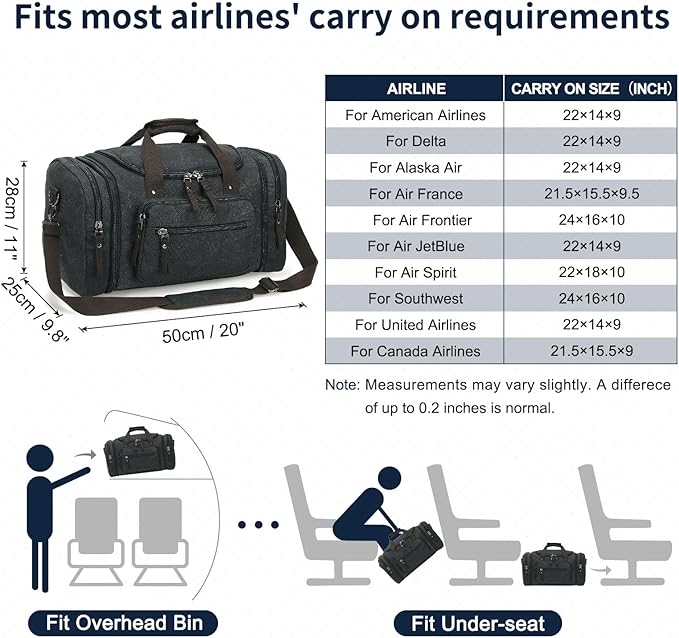 Expandable Canvas Duffel 50cm-58cm, Sturdy Zipper and Reinforced Handles, Lightweight Carry-On Weekender Bag for 3-5 Day Trips, Black
