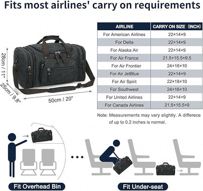 Expandable Canvas Duffel 50cm-58cm, Sturdy Zipper and Reinforced Handles, Lightweight Carry-On Weekender Bag for 3-5 Day Trips, Black