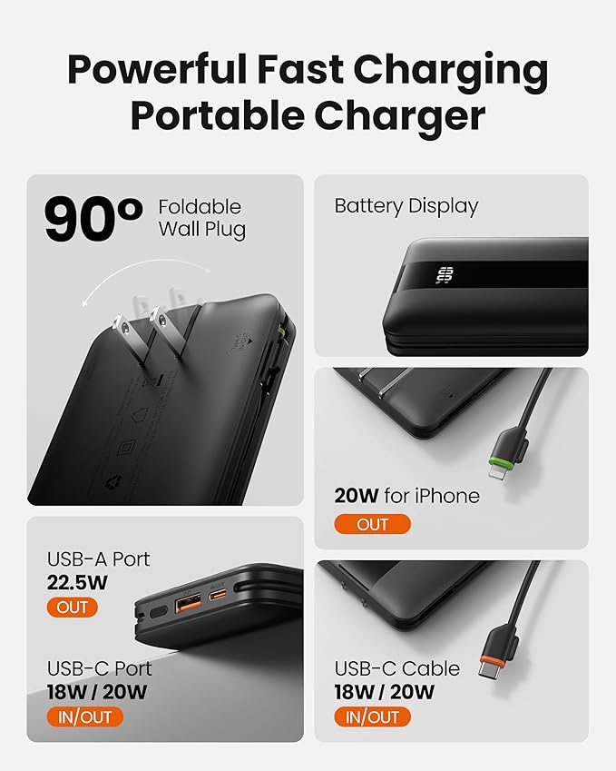 Portable Charger with Wall Plug, Fast Charging Power Bank Built-in Cables, Slim 10500mAh 22.5W 4 Outputs 3 Inputs LED Display External Battery Pack Compatible with iPhone/Android (Black)