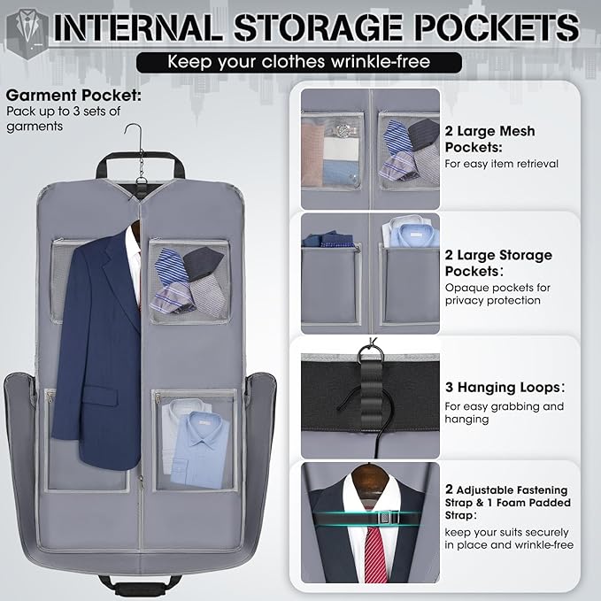 RAINSMORE Garment Bags for Travel Carry On Garment Bag for Hanging Clothes, Suit Bag for Business Trips with Shoes bag & Shoulder Strap, Waterproof Foldable Suit Luggage Bag for Men Women, Black