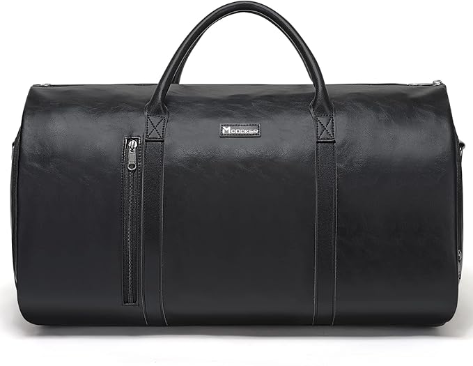 Modoker Convertible Leather Garment Bag, Carry on Garment Bags for Travel, Garment Duffel Bag, Gifts for Men Women Business Waterproof Suitcase Suit Travel Bags, Black