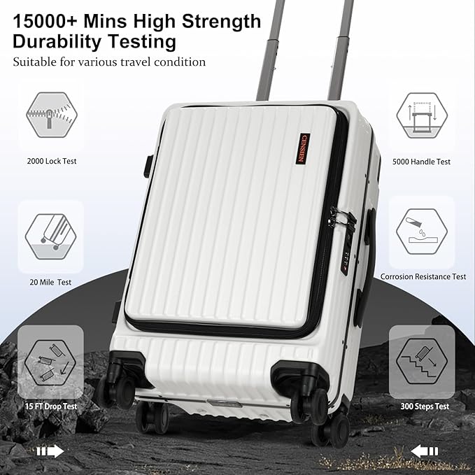 20 Inch Carry On Luggage Airline Approved, Aluminum Frame Top Opening Lightweight ABS+PC Hard Shell Suitcases with 360° Spinner Wheels, TSA Lock (White, 1 PC)