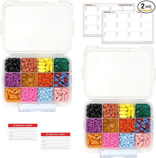 12 Compartment Large Pill Case with Airtight Seal - Silicone Gasket Waterproof Med Box with Medication Map & Medical Alert Card (Clear, 2 Pack)
