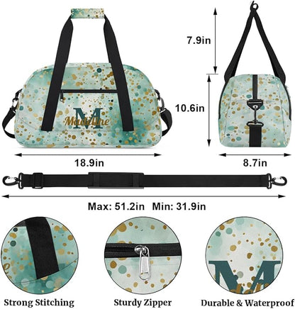 Personalized Kids Sports Duffel Bag with Name Custom Weekender Overnight Bag for Boys Girls Gym Bag Travel Dance Gymnastics Duffel Bag, Green Glitter Golden Shiny