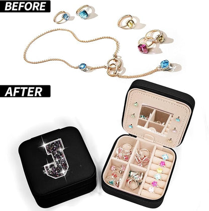 Travel Jewelry Case - Personalized Jewelry Box for Women,Small Jewelry Organizer Cute Jewelry Organizers and Storage Aesthetic,Travel Essentials Birthday Gifts for Girls Women | Black,J