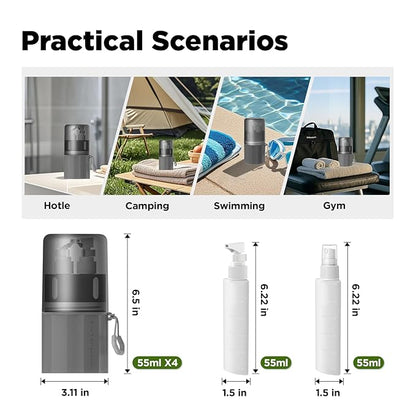 YOTIME 4in1 Travel Bottles Set, Vacuum Silicone Suction Cup for Smooth Walls, TSA Approved Leak Proof Travel Size Containers for Toiletries, Shampoo, Body Wash and Conditioner, Gray