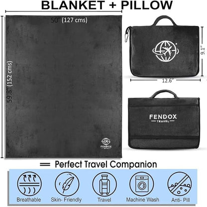 2-in-1 Travel Blanket and Pillow – Lightweight, Compact, Ultra Soft, Machine Washable – Handle, Luggage Sleeve, Backpack Clip – for Travel Airplane, Car, Office (Black)