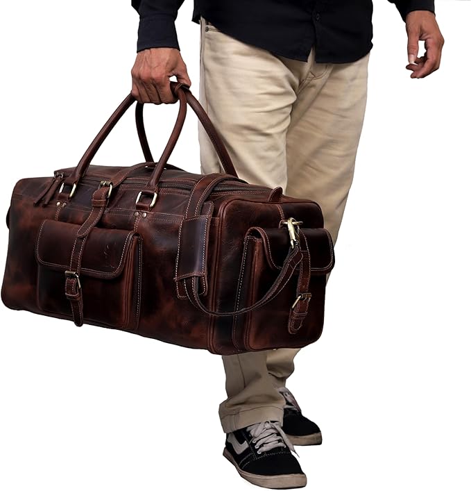 Duffle Bag For Men and Women, 28 Inch Vintage Buffalo Leather Travel Duffle Bag, Genuine Carry On Overnight Bag, Weekender Gym Bag with Shoulder Strap, Carry on Luggage Bags