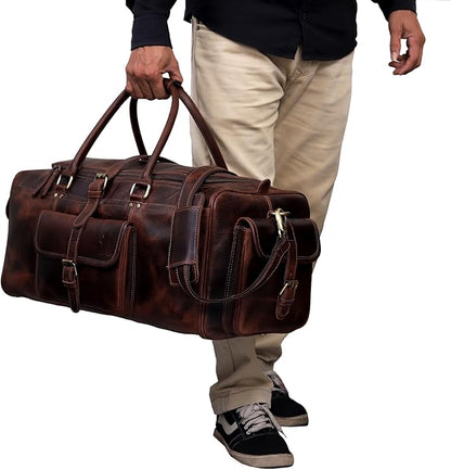 Duffle Bag For Men and Women, 28 Inch Vintage Buffalo Leather Travel Duffle Bag, Genuine Carry On Overnight Bag, Weekender Gym Bag with Shoulder Strap, Carry on Luggage Bags
