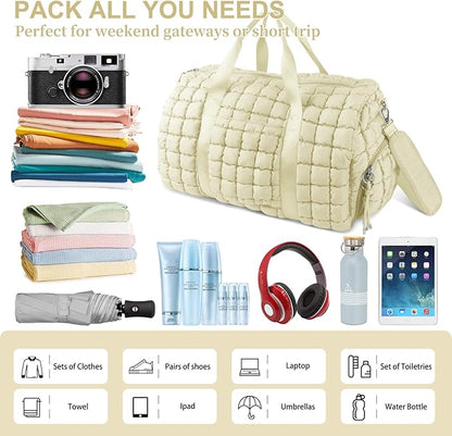 Quilted Travel Duffle Bag Gym Bag for Women,Large Puffer Duffle Weekender Bag with Compartment,Workout Overnight Carry on Organizer Bag Duffle Bag for Airplane Travel(L-Off-white)