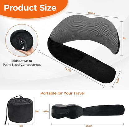 Memory Foam Neck Pillow for Airplane Travel - Ergonomic Support for Long Flights, Car Rides, Office & Home Use - Includes Contoured Eye Mask & Head Support - Adjustable Sizes M-L (Black)