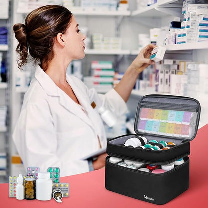 Mancro Dual Layers Medicine Organizer Bag, Pill Bottle Organizer Storage with Lockable Zipper, Medication Travel Bag for Pills, Vitamins, Medical Supplies for Home Storage, Black