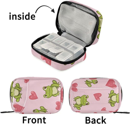 Pink Frog and Love Cute Pill Organizer Weekly Travel Pill Box 7 Day Large Capacity Pill Dispenser Case with 8 Pill Container Daily Pill Box Organizer Vitamin Holder Pill Bottle Organizer Small