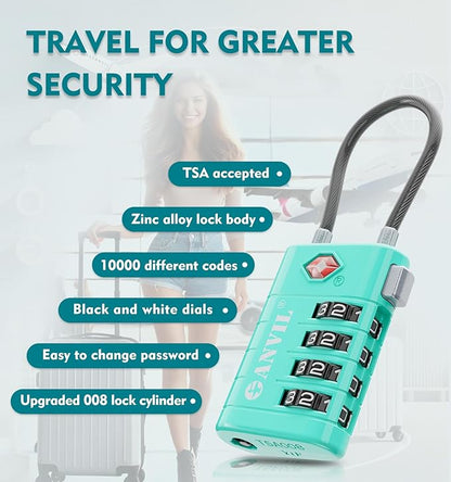 ANVIL 4 Digit Luggage Locks, TSA Locks for Luggage, Advanced TSA008 core, Alert Indicator for Your Travel Lock, Suitcase Lock. (4, Cyan)
