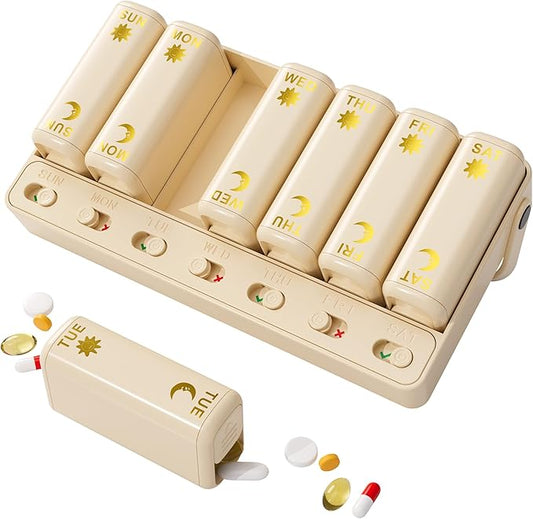 Restree Weekly Pill Organizer Two Time a Day, 7 Day Travel Pill Box, Daily Medicine Organizer, AM&PM Portable Pill Case for Vitamins Fish Oil/Supplements Medication Reminder Design (Beige)