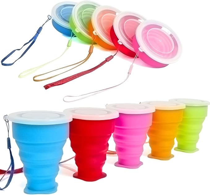 5 Pack Silicone Collapsible Cups for Traveling Foldable Camping Cups Collapsible Water Cup Portable Drinking Cups with Lids Collapsible Mug for Outdoor Hiking