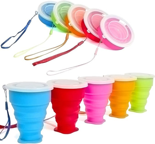 5 Pack Silicone Collapsible Cups for Traveling Foldable Camping Cups Collapsible Water Cup Portable Drinking Cups with Lids Collapsible Mug for Outdoor Hiking
