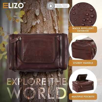 ELIZO Genuine Leather Toiletry Bag for Men Mens Toiletry Bags for Traveling Waterproof Hanging Leather Dopp Kit w/Hook Extra largeToiletry Bag Travel Organizer for Toiletries