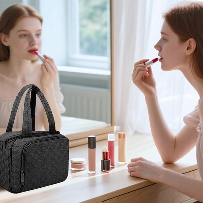 SUNRISING Travel Toiletry Bag Makeup Bag for Women, Large Water-Resistant Travel Cosmetic Make Up Bag with Handle，Travel Toiletry Bags for Compartments Accessories Essentials-Black