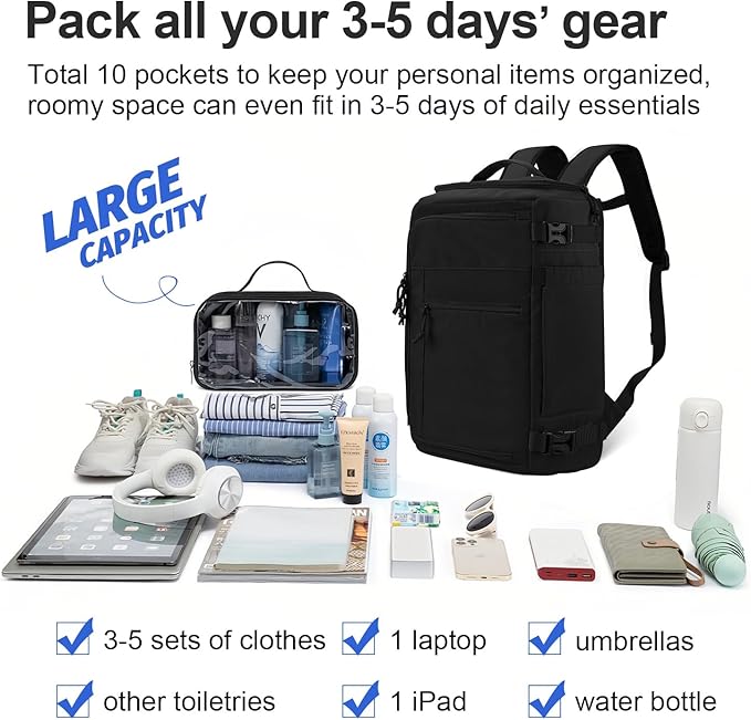 Carry On Travel Backpack Flight Approved Laptop Backpack Business Work Backpack for Women Men Large Capacity Casual Daypack with Wet/Dry Separation Pockets, Black