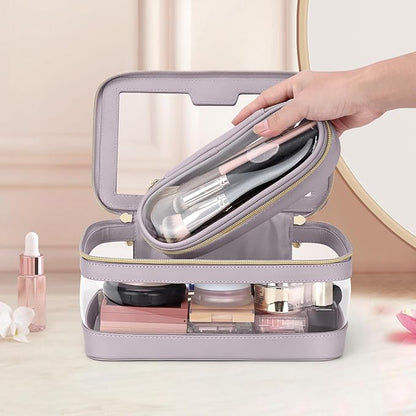 Travel Clear Makeup Bag with Makeup Brush Bag, Leather Makeup Case Toiletry Bag, Portable Cosmetic Bag Case, Transparent Waterproof Cosmetic Organizer Storage Bag for Women, Purple