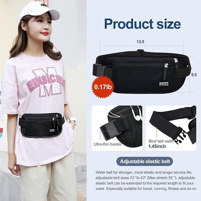 RFID Blocking Money Belt for Men Women, Slim Fanny Pack For Travel，Running,Conceal Waist Wallet For Passport Holder,Phone,Cash(Dark Black)