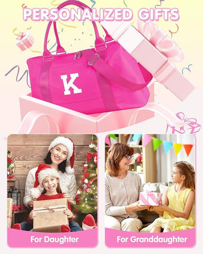 Overnight Bag for Kids Teen Girls Weekender Dance Bag Birthday Graduation Gifts,Initial Travel Duffel Bag Sports Gym Bag Personalized Weekender Bag Carry On Bags Preppy Gifts for Women(Hot Pink, K)