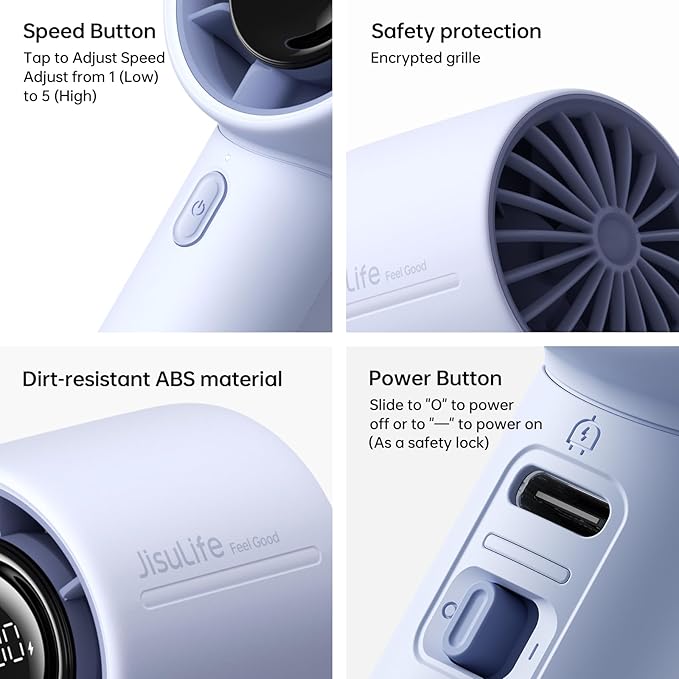 JISULIFE Handheld Turbo Fan, 5000mAh Rechargeable Portable Fans,Up to 28 Hours Cooling,5 Speed Strong Wind,Personal Mini Fan for Travel Outdoor Camping Beach Makeup（Blue）