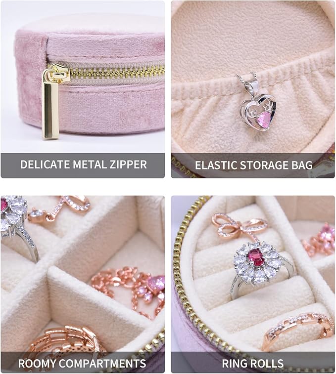 TAIMY Small Jewelry Travel Case, Round Mini Travel Jewelry Box for Women Girls, Portable Mini Jewelry Travel Organizer Boxes for Rings Earrings Necklaces Bracelets(Pink Lavender)