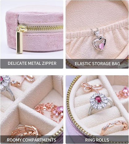 TAIMY Small Jewelry Travel Case, Round Mini Travel Jewelry Box for Women Girls, Portable Mini Jewelry Travel Organizer Boxes for Rings Earrings Necklaces Bracelets(Pink Lavender)