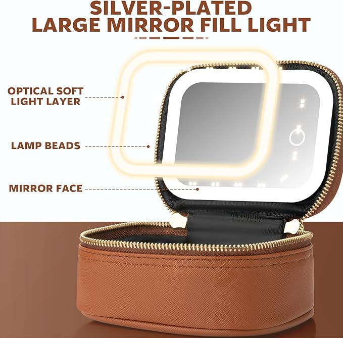 Small Makeup Bag with Led Mirror, Mini Travel Make up Bag 3 Light Modes Adjustable Brightness, for Women Organizer Cosmetic Bag, Portable Travel Train Toiletry Bag, for Pool Parties Work Touch-Ups