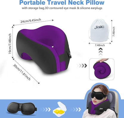 jiaao Neck Pillow Airplane, Memory Foam Travel Neck Pillows for Long Flight, 3D Eye Masks, Ear Plugs and Portable Drawstring Bag, Napping Pillow for Home, Road Trips, Sleep Rest and Travel Use
