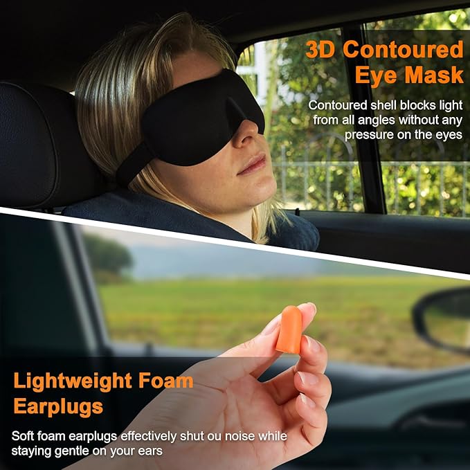 Neck Pillow for Travel - Hooded Memory Foam Plane Pillow for Airplane, Office, Cars Sleeping, Long Flight Must Haves, Portable Road Trip Essentials for Adults Black