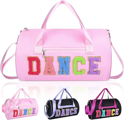 Dance Bag for Girls, KUIRAN 23L Waterproof Travel Duffel Bag with Colorful Chenille Letter, Lightweight Small Gym Sport Ballet Bag Weekender Bag with Large Main Compartment - Pink