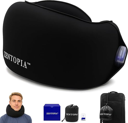 Memory Foam Travel Neck Pillow – Ergonomic 360° Head & Neck Support for Airplanes, Car & Home – Compact Washable Cover, Carry Bag & Earplugs – Best Neck Pillow Airplane, Travel Pillow for Long Flights