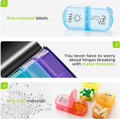 Zannaki Metal XL Weekly Pill Organizer 2 Times a Day, Large Travel Daily Pill Box 7 Day, Portable Week Twice Pill Holder Container, AM PM Pill Case for Medicine Vitamin Medication Supplement, Black