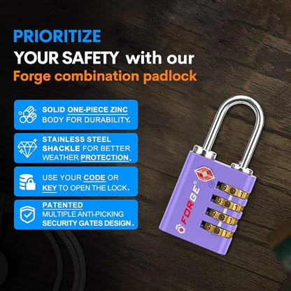 Forge Dual-Opening: Key or Combination Access Lock, TSA Approved Locks for Luggage, Pelican case, Travel, Gym, School, Stainless Steel Shackle. (Purple, 2 Pk)