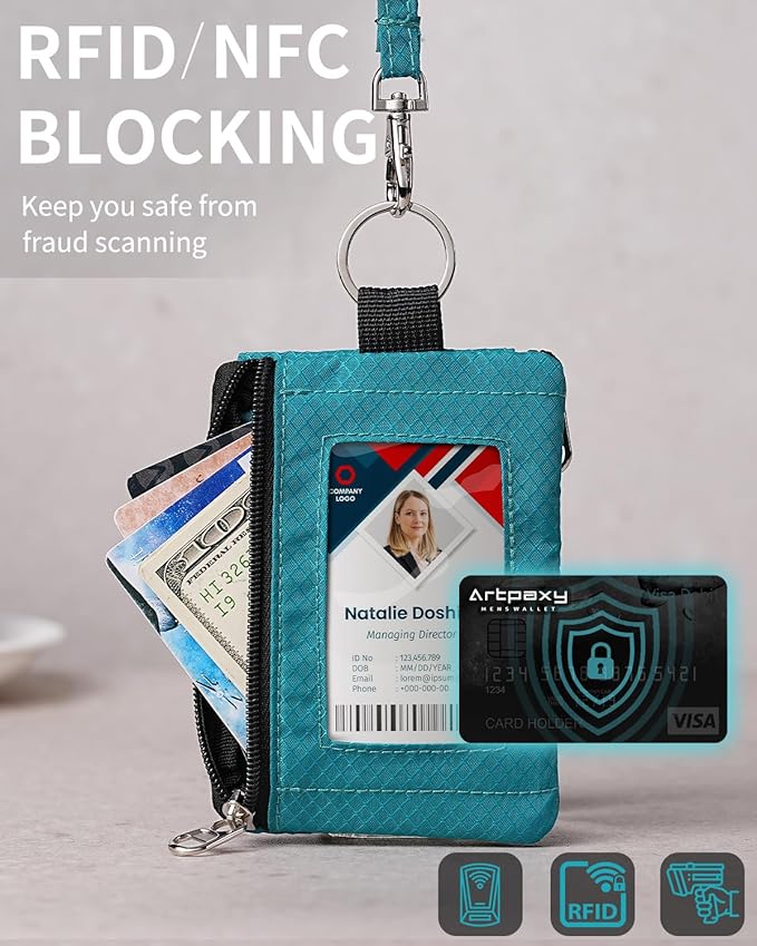 Minimalist Wallet For Mens Womens, Keychain RFID Blocking Zipper Small Wallet with ID Window 2 Lanyards,Water Resistant Travel Cash Card Coin Case Boys Girls