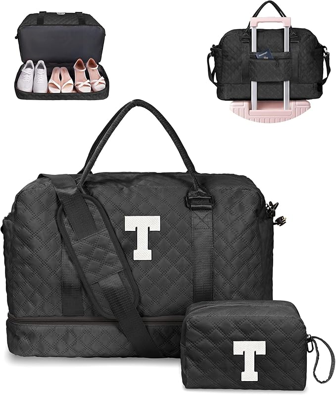 Granddaughter Initial Duffle Bag with Shoe Compartment, Personalized Weekender Overnight Travel Bag, Letter Gift for Her