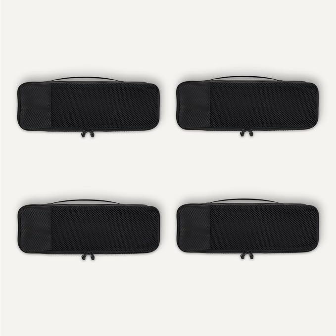 Amazon Essentials 4-Piece Packing Cubes Travel Accessories Set, Luggage Organizer with Double Zipper, Mesh Top, 100% Polyester, Slim, Black (Previously Amazon Basics)