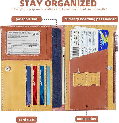 Slim Passport Holder for Man & Women, Compact Leather Passport Wallet with Card Holders SIM Slots and Zippered Pocket, for Secure Traveling and Documentation Organizer (Brown)