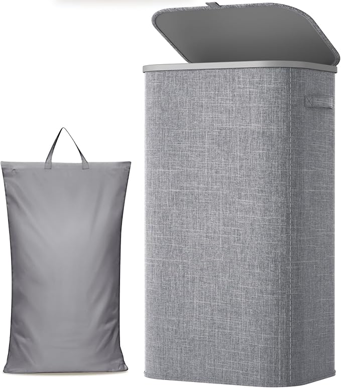 Lifewit 105L Laundry Basket with Lid, Large Laundry Hamper with Plastic Handles and Removable Bag, Foldable Tall Dirty Clothes Hampers for Laundry for Laundry Room, Bedroom, Bathroom, Dorm, Light Gray