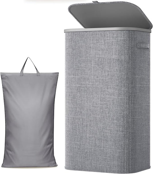 Lifewit 105L Laundry Basket with Lid, Large Laundry Hamper with Plastic Handles and Removable Bag, Foldable Tall Dirty Clothes Hampers for Laundry for Laundry Room, Bedroom, Bathroom, Dorm, Light Gray