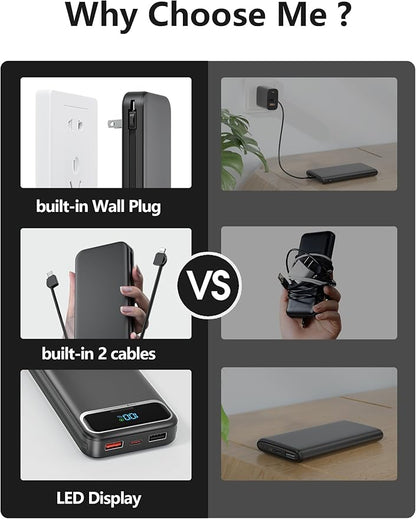 12000mAh Lightweight-Portable-Charger-Power-Bank with Built-in Cables and AC Wall Plug, PD20W USB-C Fast Charging Battery Pack, LED Display External Travel Phone Charger for All iPhone,Samsung,Android