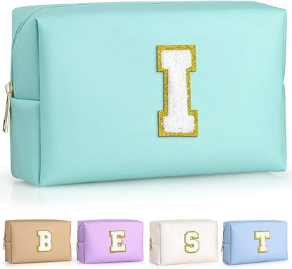 TOPEAST Preppy Makeup Bag, Cute Makeup Pouch PU Leather Waterproof Cosmetic Bag, Personalized Birthday Gifts for Mom Teacher Friends Bridesmaids Nurse, Trendy Stuff for Girls (Blue I)