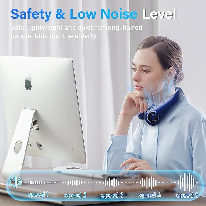 Neck Fan - Portable Neck Fan with Neck Support, 5 Speeds, All Around Airflow, Hand-free Bladeless Personal Cooling Fans, Rechargeable Wearable Fan for Outdoor and Indoor, Festival Gifts for Men Women