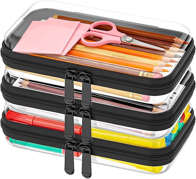 3PCS Clear Hard Shell Zipper Case,Toy Organizers and Storage Box,Clear Toiletry Cosmetic Case,Travel Makeup Bags, Diaper Bag Organizer,Pencil Case,Stackable Portable Transparent Zipper Pouches Black-S