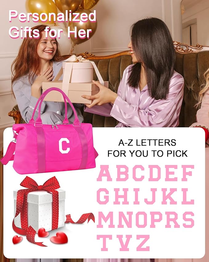 Overnight Bag for Kids Teen Girls Weekender Dance Bag Birthday Graduation Gifts,Initial Travel Duffel Bag Sports Gym Bag Personalized Weekender Bag Carry On Bags Preppy Gifts for Women(Hot Pink, C)